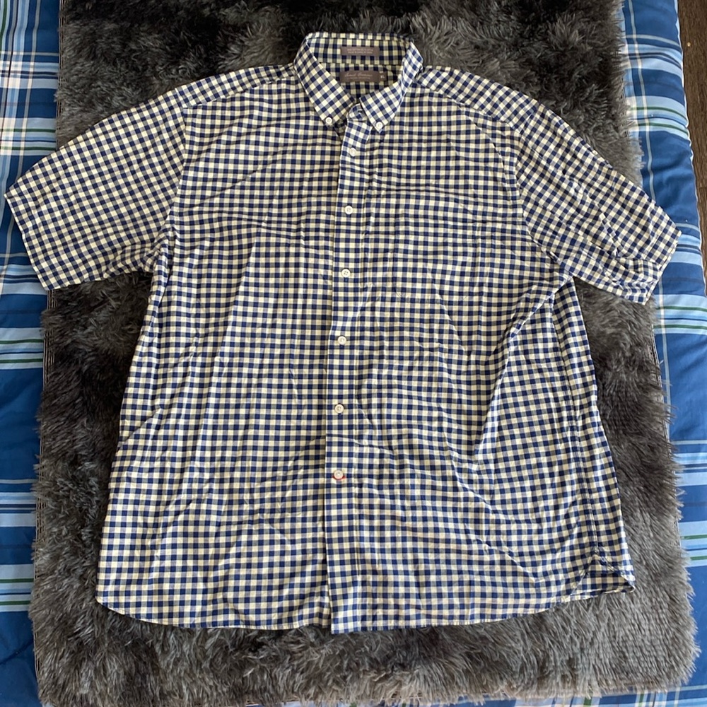 Daniel Crémieux navy pale yellow plaid checkered short-sleeve button down shirt